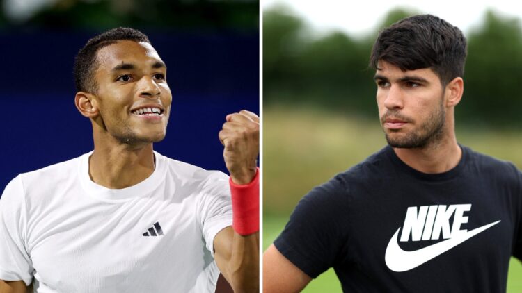 Felix Auger-Aliassime (L) at the Dubai Tennis Championships, Carlos Alcaraz (R) looks on.