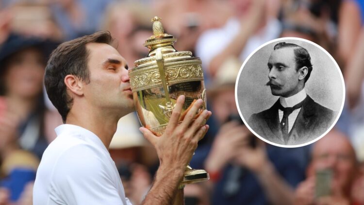 Image of Roger Federer kissing the trophy after winning Wimbledon in 2017, inset of a portrait of William Renshaw circa 1890