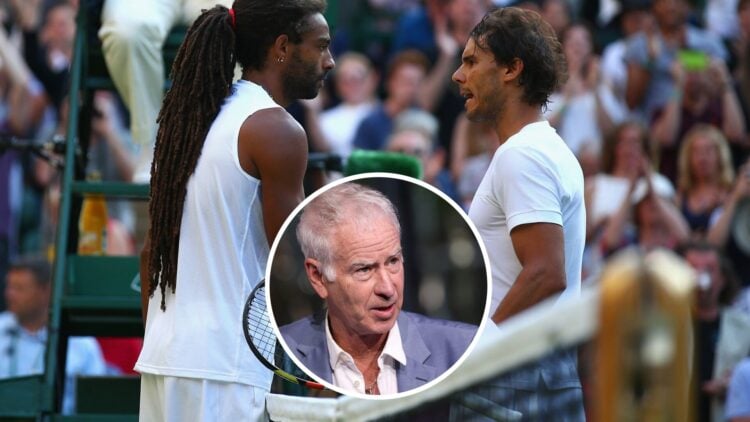 Dustin Brown and Rafael Nadal (T) shaking hands at the net at Wimbledon, John McEnroe (B) in an interview.