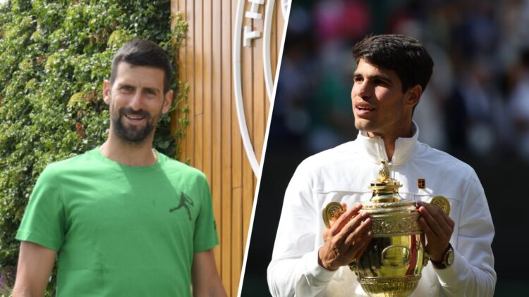 Novak Djokovic arrives at Wimbledon in 2025 and Carlos Alcaraz celebrates winning the 2024 title in SW19