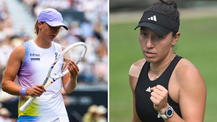 Split image of Iga Swiatek looking on during her win over Ekaterina Alexandrova at the 2025 Bad Homburg Open, image of Jessica Pegula celebrating d...