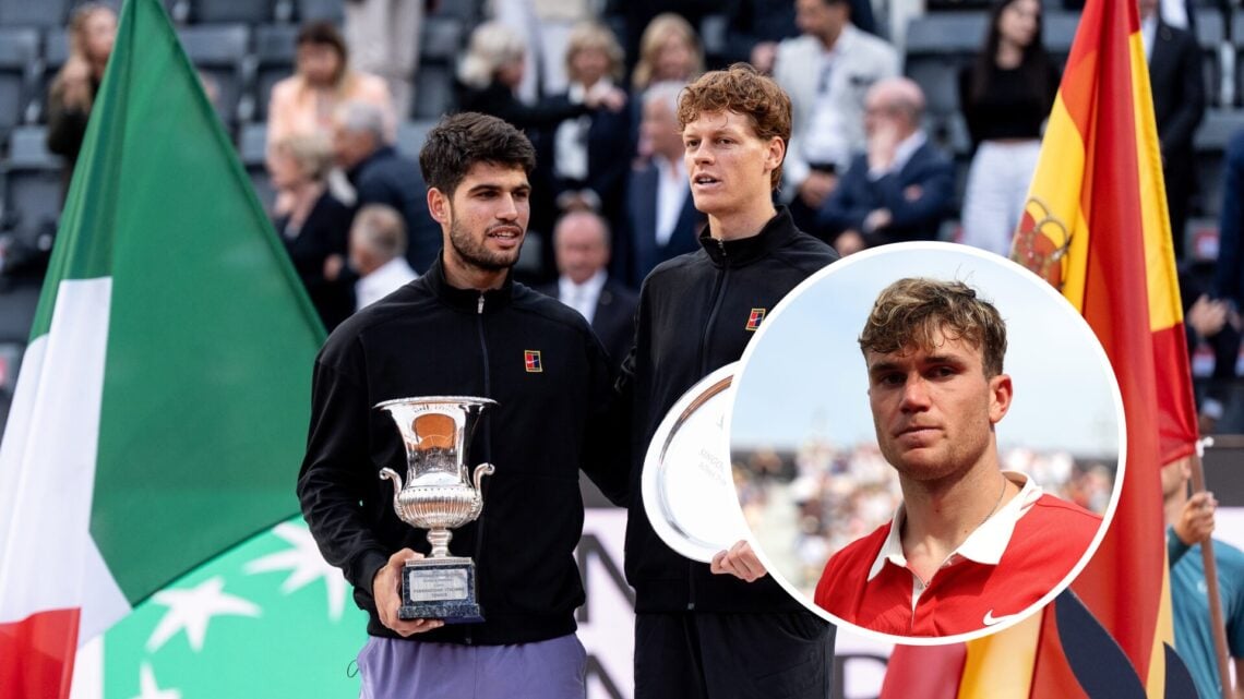 Carlos Alcaraz and Jannik Sinner (L) holding their trophies at the Italian Open, Jack Draper (R) looks on at Queen's.