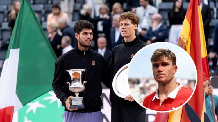 Carlos Alcaraz and Jannik Sinner (L) holding their trophies at the Italian Open, Jack Draper (R) looks on at Queen's.