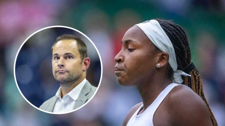 Andy Roddick (L) looks ahead at the US Open in 2023, Coco Gauff (R) reacts at Wimbledon in 2023.