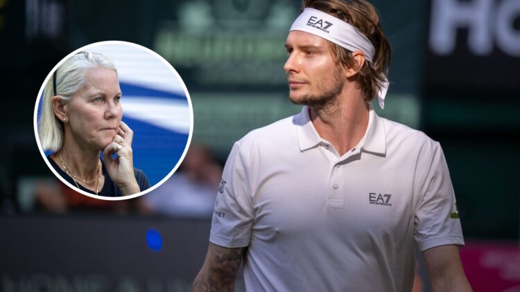 Image of Alexander Bublik looking on during his semi-final match with Karen Khachanov at the 2025 Halle Open, inset of Rennae Stubbs looking on ahe...