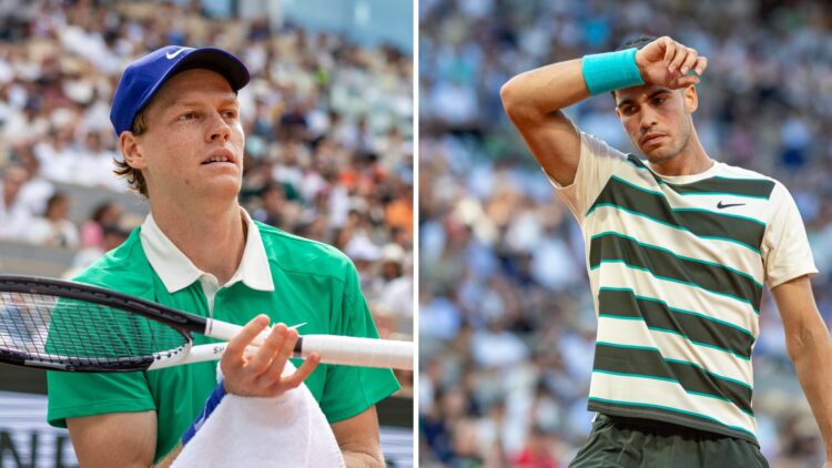 Split image of Jannik Sinner of Italy during his match against Richard Gasquet of France in the second round of the singles competition on a packed...
