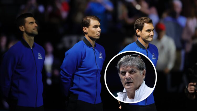 Novak Djokovic, Rafael Nadal and Roger Federer (L) at the 2022 Laver cup, Toni Nadal (R) at the 2017 ATP Finals