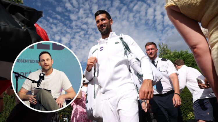 Andy Roddick (L) speaking at the Austin Convention Center in 2025, Novak Djokovic (R) at the Giorgio Armani Tennis Classic.