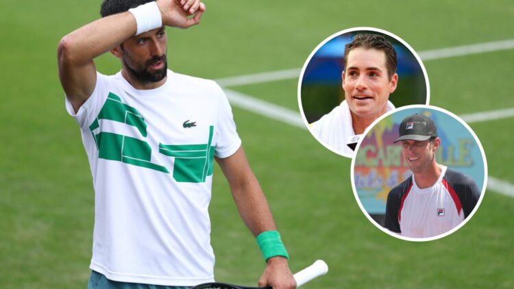 Image of Novak Djokovic reacting during a practice session at Wimbledon in 2025, inset of John Isner speaking to the media at the 2020 All-American...