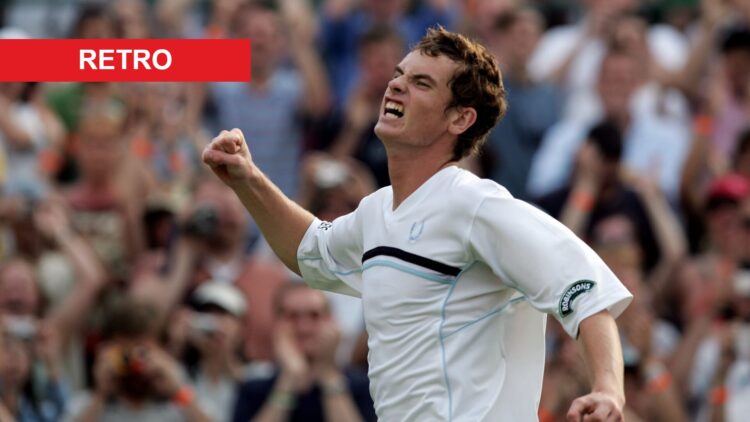 Image of Andy Murray celebrating his win over Radek Stepanek at Wimbledon in 2005