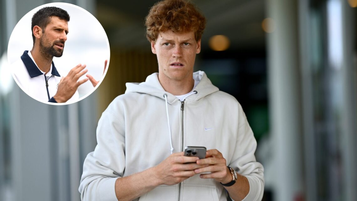 Jannik Sinner of Italy walks between interviews prior to The Championships Wimbledon 2025 at All England Lawn Tennis and Croquet Club, with an inse...