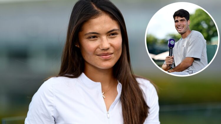Emma Raducanu of Great Britain looks on prior to The Championships Wimbledon 2025 at All England Lawn Tennis and Croquet Club, with an inset of Car...
