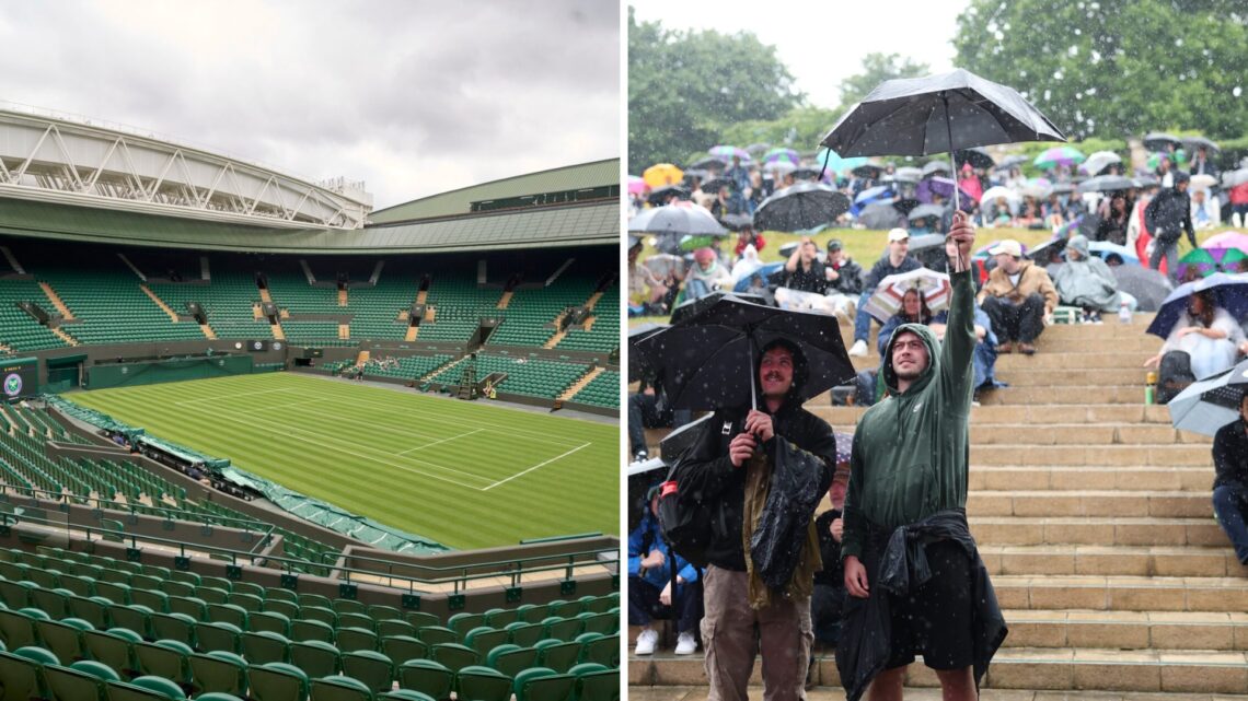 A general view of Centre Court ahead of the beginning of Wimbledon 2025, spectators shelter from the rain on The Hill during Wimbledon 2024