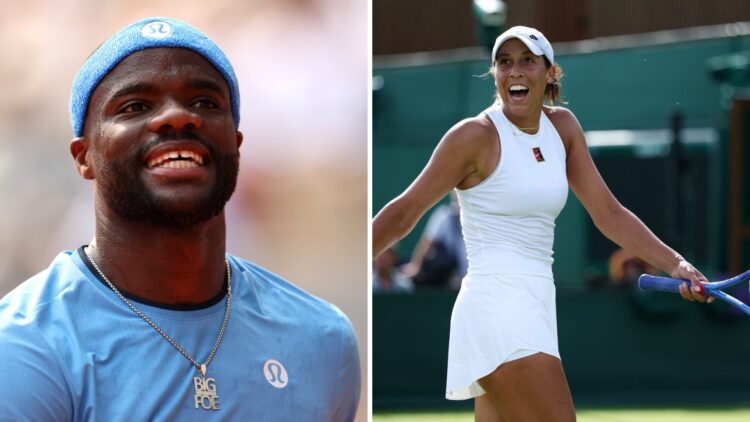 Split image of Frances Tiafoe of United States reacts against Lorenzo Musetti of Italy during the Men's Singles Quarter Final match on Day Ten of t...