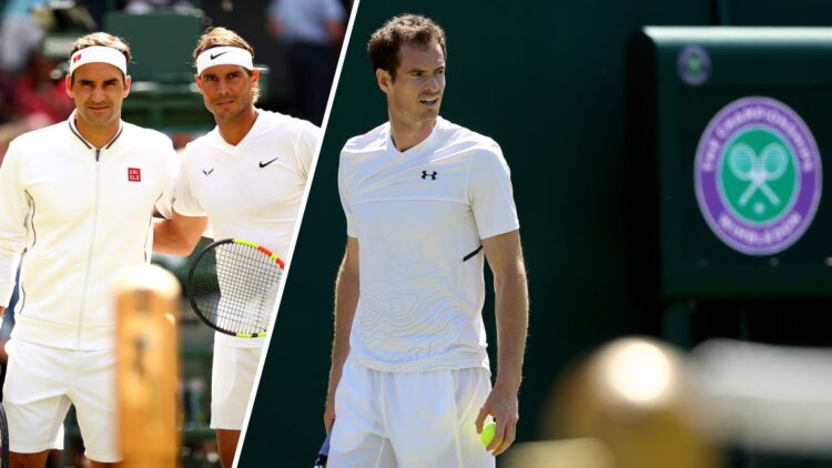 Split image of Roger Federer and Rafael Nadal posing for a photo at Wimbledon in 2019 (L) and Andy Murray practising at Wimbledon in 2018 (R)