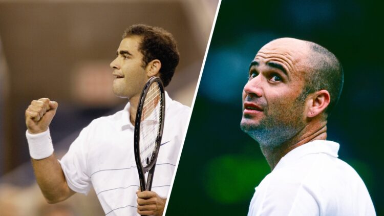 Split image of Pete Sampras playing at the 2002 US Open (L) and Andre Agassi playing at Wimbledon in 2001 (R)