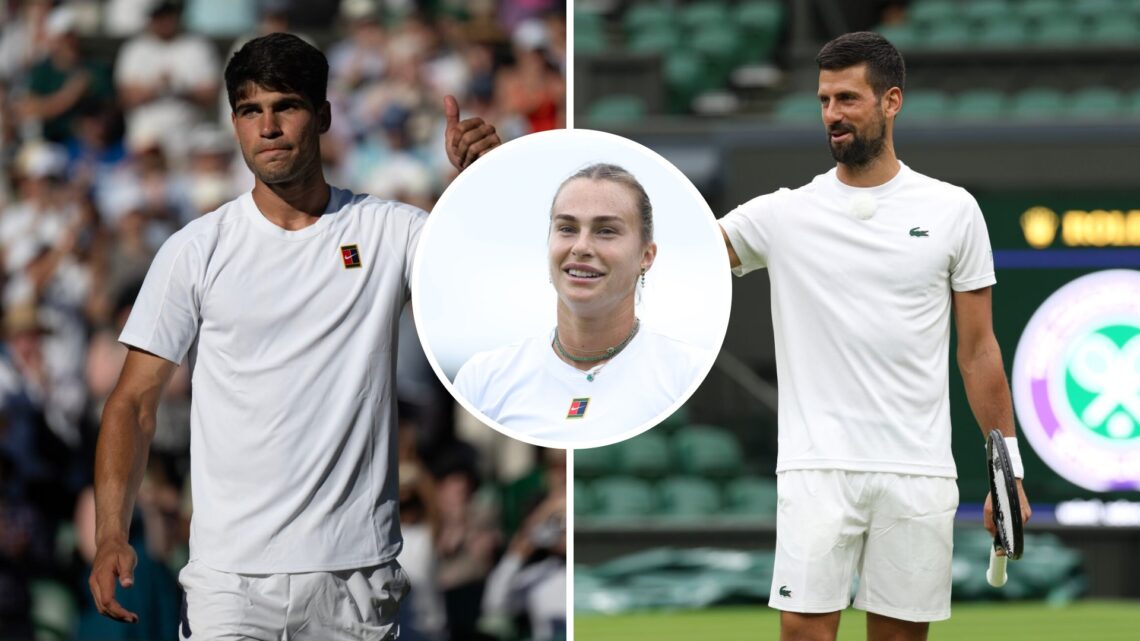 Split image of Carlos Alcaraz of Spain acknowledges the crowd following his victory against Fabio Fognini of Italy in their Gentlemen's Singles fir...