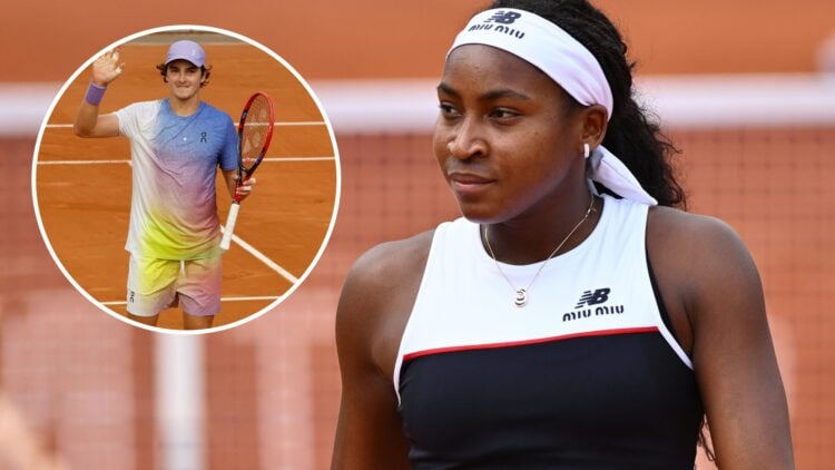 Coco Gauff looks on during the 2025 Italian Open, inset Joao Fonseca waves at the 2025 French Open