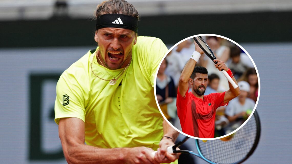 Alexander Zverev (L) hitting a backhand at the French Open, Novak Djokovic (R) at the French Open