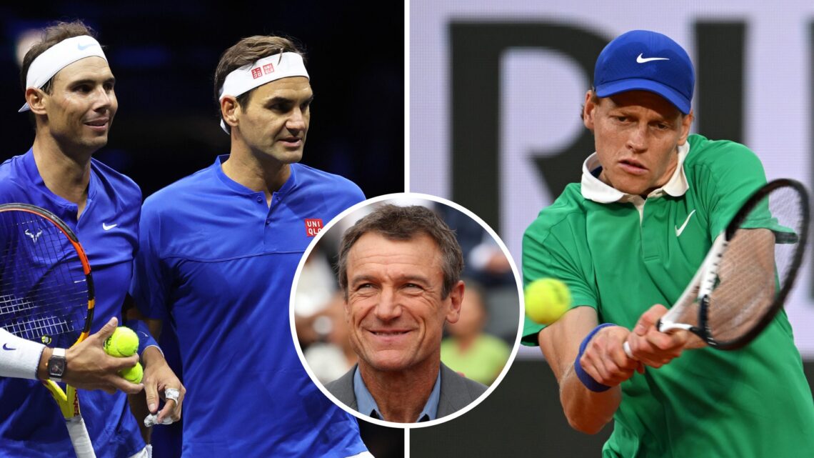 Split image of Rafael Nadal and Roger Federer of Team Europe during the doubles match between Jack Sock and Frances Tiafoe of Team World and Roger ...