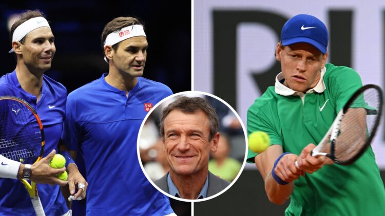 Split image of Rafael Nadal and Roger Federer of Team Europe during the doubles match between Jack Sock and Frances Tiafoe of Team World and Roger ...