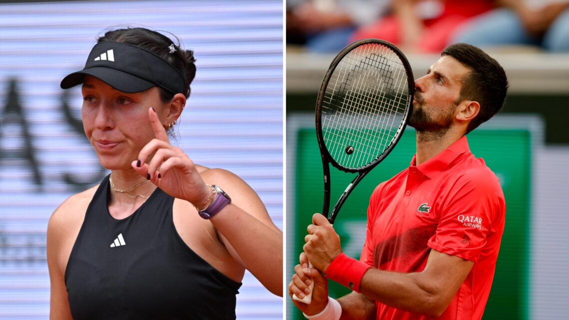 Split image of Jessica Pegula (L) and Novak Djokovic (R) reacting at the 2025 French Open