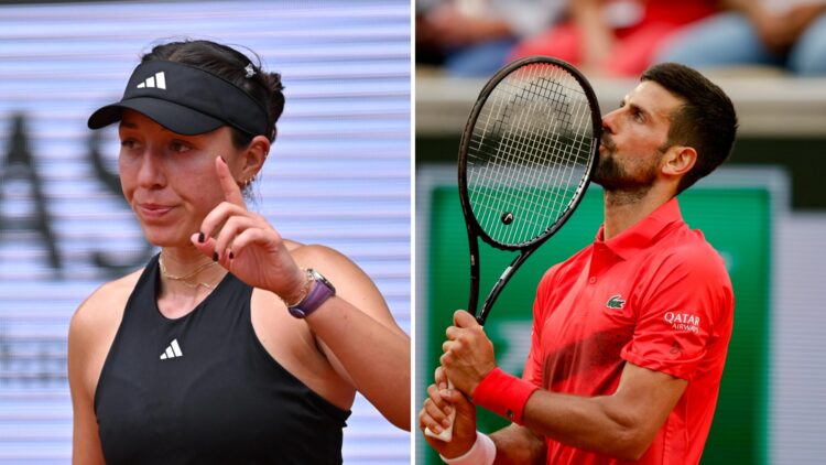 Split image of Jessica Pegula (L) and Novak Djokovic (R) reacting at the 2025 French Open