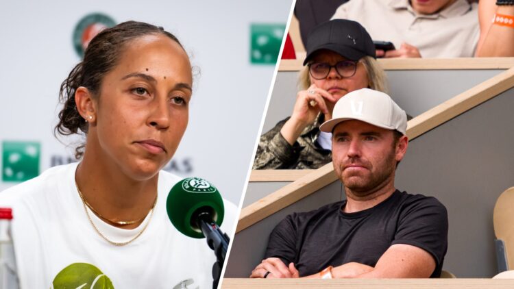 Split image of Madison Keys of the United States talks to the media after defeating Hailey Baptiste of the United States in the fourth round on Day...