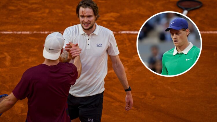 Image of Alexander Bublik and Jack Draper shaking hands after their match at the 2025 French Open, inset of Jannik Sinner looking on during his win...