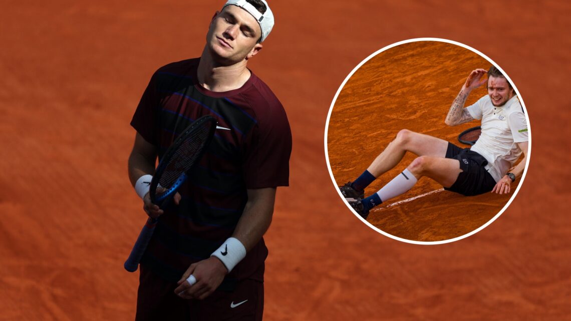 Jack Draper reacts at the 2025 French Open, inset Alexander Bublik falls to the floor in celebration at the 2025 French Open