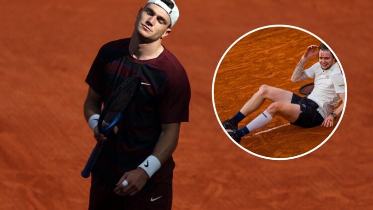 Jack Draper reacts at the 2025 French Open, inset Alexander Bublik falls to the floor in celebration at the 2025 French Open
