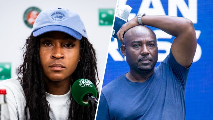 Split image of Coco Gauff of the United States talks to the media after defeating Tereza Valentova of the Czech Republic in the second round on Day...
