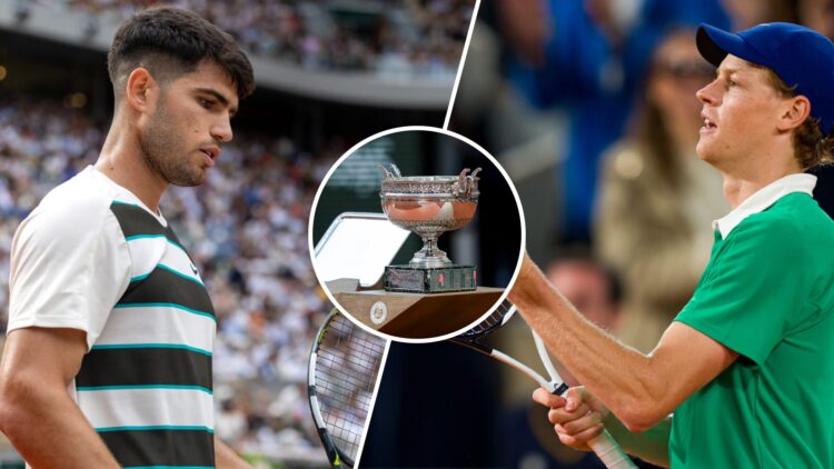 Split image of Carlos Alcaraz reacting during his win over Ben Shelton at the 2025 French Open, image of Jannik Sinner celebrating his win over And...
