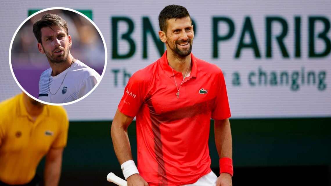 Novak Djokovic of Serbia reacts during his match against Corentin Moutet of France during the 2025 French Open Day 5 at Roland Garros, with an inse...