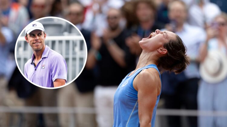 Image of Lois Boisson celebrating her win over Jessica Pegula at the 2025 French Open, inset of Sam Querrey looking on during the 2021 Atlanta Open