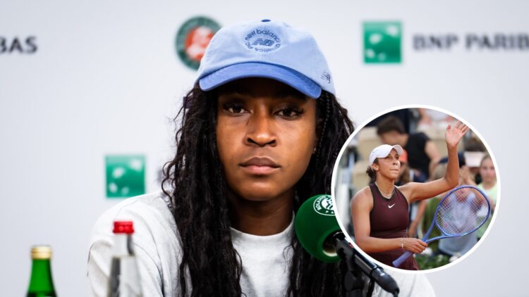 Coco Gauff (L) at a French Open press conference, Madison Keys (R) waving to the French Open crowd