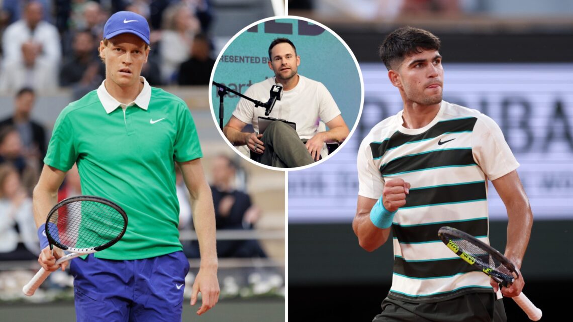 Split image of Jannik Sinner (L) looking on and Carlos Alcaraz (R) celebrating at the 2025 French Open, inset Andy Roddick speaks at the 2025 SXSW ...