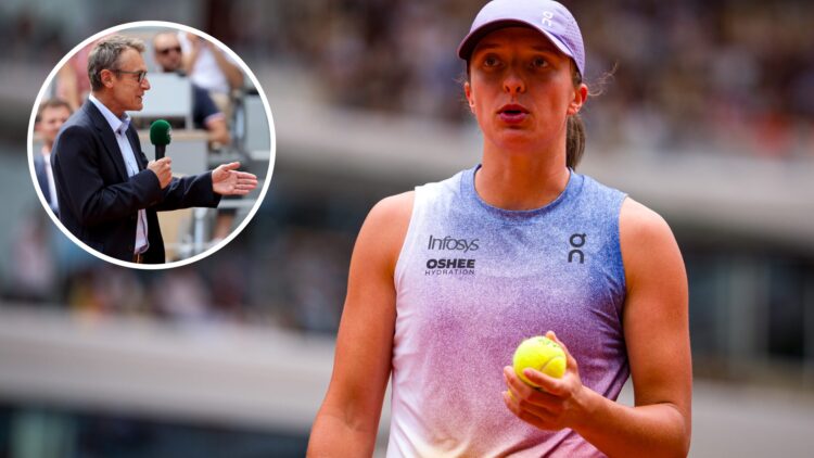 Iga Swiatek of Poland looks on against Elena Rybakina of Kazakhstan in the Women's Singles Fourth Round match on Day Eight of the 2025 French Open ...