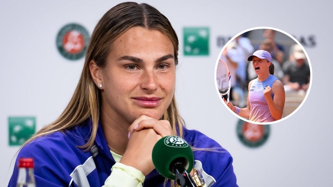 Image of Aryna Sabalenka speaking to the media ahead of the 2025 French Open, inset of Iga Swiatek celebrating her win over Elina Svitolina at the ...