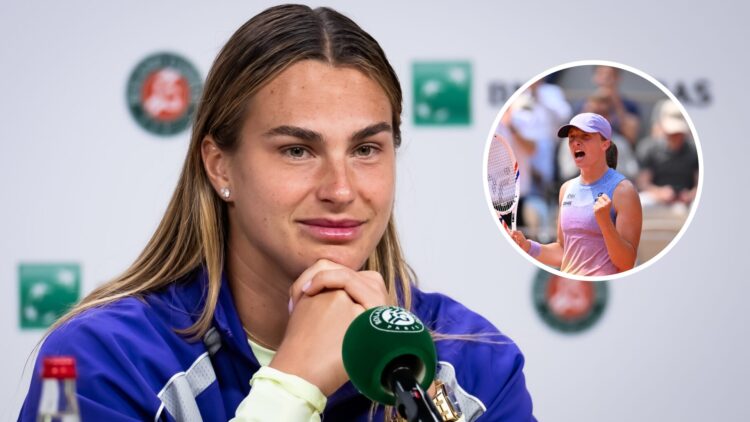 Image of Aryna Sabalenka speaking to the media ahead of the 2025 French Open, inset of Iga Swiatek celebrating her win over Elina Svitolina at the ...