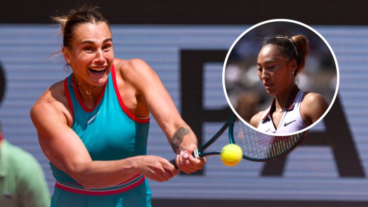 Image of Aryna Sabalenka hitting a backhand against Qinwen Zheng at the 2025 French Open, inset of Qinwen Zheng looking on during her 2025 French O...