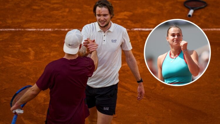 Alexander Bublik and Jack Draper shake hands after their 2025 French Open match, inset Aryna Sabalenka celebrates at the 2025 French Open