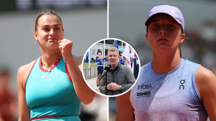 Split image of Aryna Sabalenka celebrates a point against Zheng Qinwen of People's Republic of China during the Women's Singles Quarter Final match...