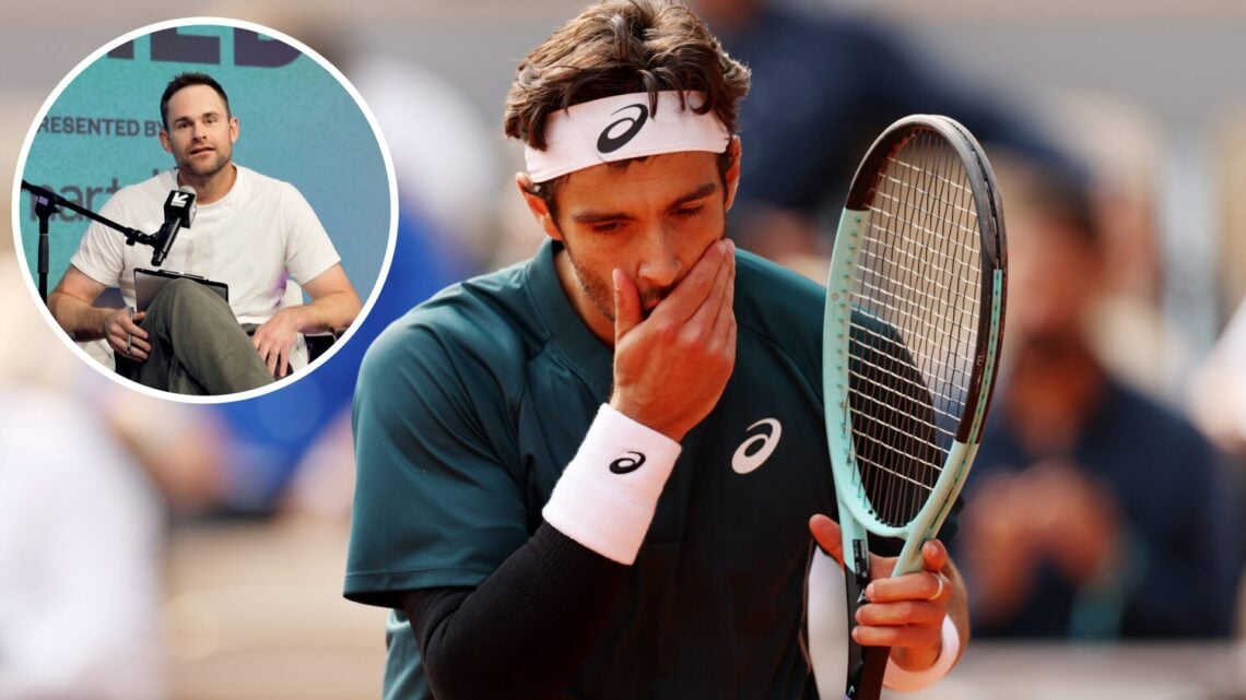 Lorenzo Musetti of Italy reacts against Frances Tiafoe of United States during the Men's Singles Quarter Final match on Day Ten of the 2025 French ...