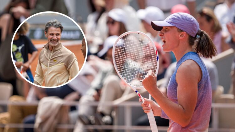 Image of Iga Swiatek celebrating her win over Elina Svitolina at the 2025 French Open, inset of Patrick Mouratoglou speaking to Coco Gauff ahead of...
