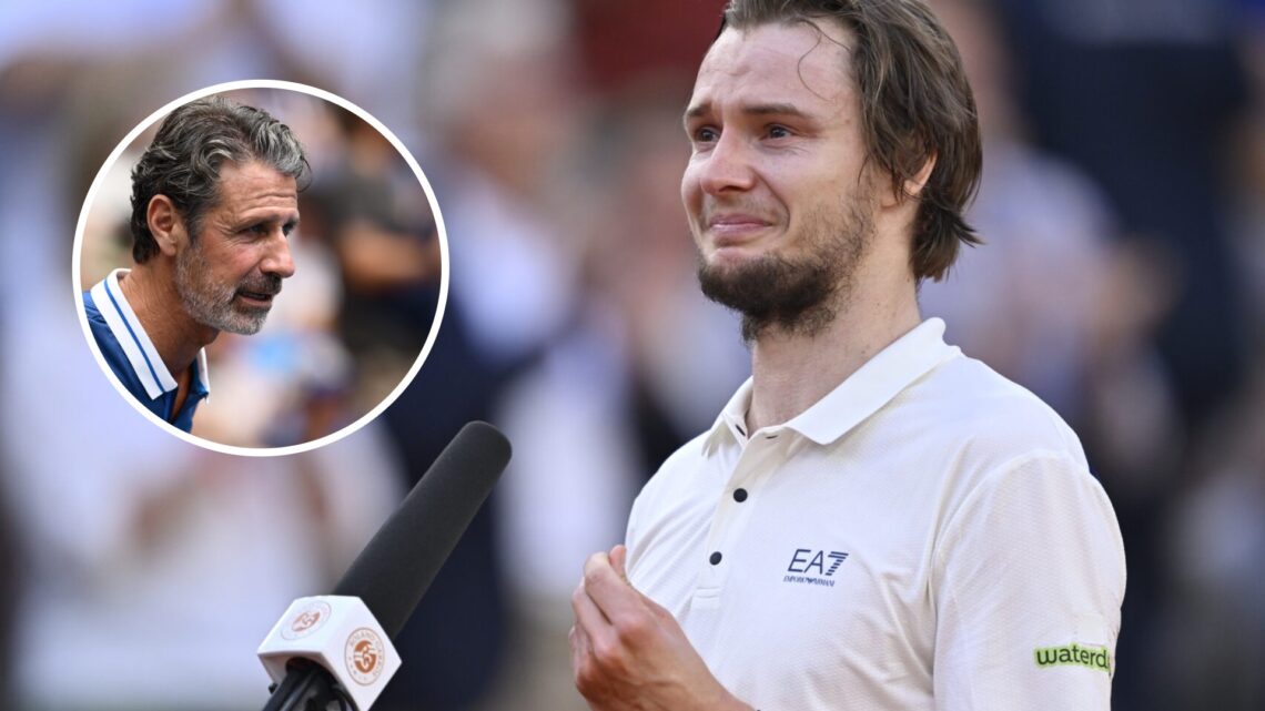 Image of an emotional Alexander Bublik speaking after his 2025 French Open win over Jack Draper, inset of Patrick Mouratoglou looking on during the...