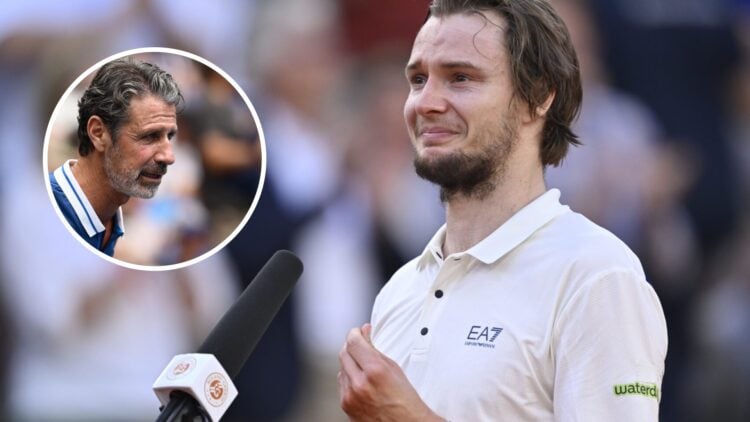 Image of an emotional Alexander Bublik speaking after his 2025 French Open win over Jack Draper, inset of Patrick Mouratoglou looking on during the...