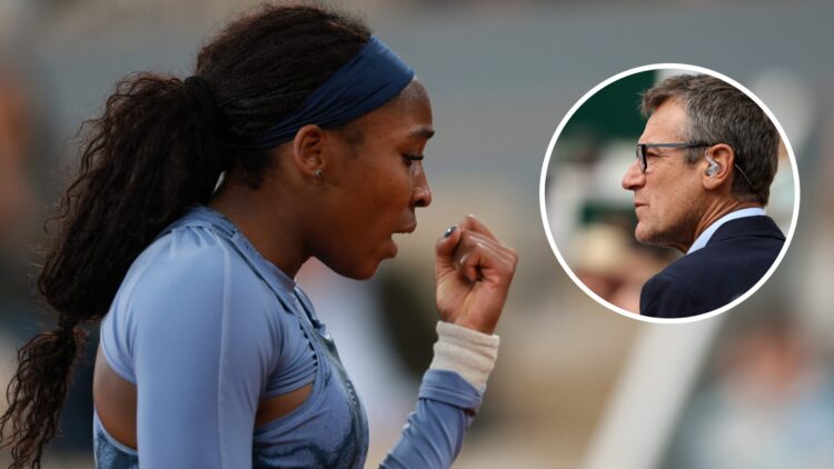 Image of Coco Gauff celebrating during her win over Madison Keys at the 2025 French Open, inset of Mats Wilander looking on during the 2022 French ...