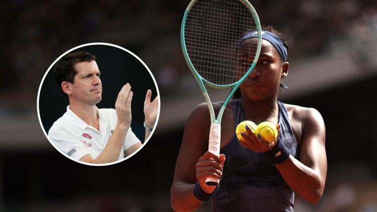 Coco Gauff looks on before serving during the 2025 French Open, inset Tim Henman applauds his Great Britain team at the 2020 ATP Cup