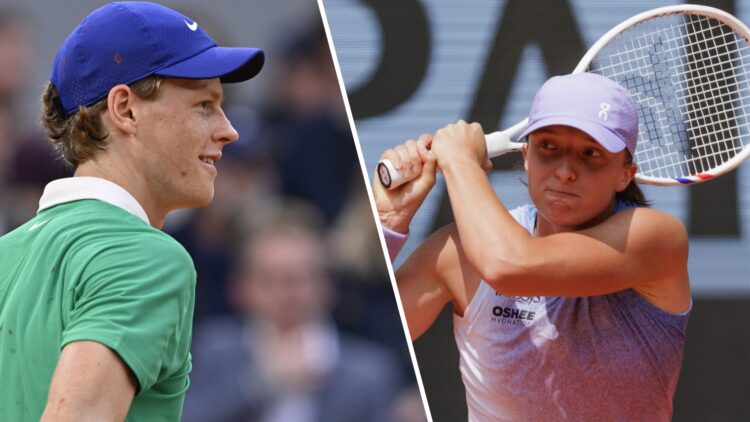 Split image of Jannik Sinner looking on during his win over Alexander Bublik at the 2025 French Open, image of Iga Swiatek playing a backhand to El...